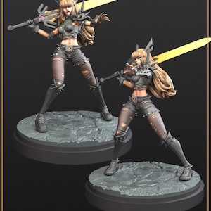 Könnte beinhalten: Zwei 3D-gedruckte Figuren einer Kriegerin mit blonden Haaren, die ein graues Outfit trägt und ein leuchtendes gelbes Schwert hält. Die Figuren stehen auf grauen kreisförmigen Sockeln. Der Text auf dem Bild lautet "TURNAROUND" und "MAGIK 40mm + 75mm".