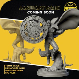 Könnte beinhalten: Werbebild für das Januar-Paket von Hall of Heroes, mit einer 40-mm-Miniatur einer männlichen Figur mit Schild und Umhang. Die Figur posiert auf einem Baumstamm-Sockel. Der Text enthält "Coming Soon" und "Miniaturen mit vorgestützten STL-Dateien."