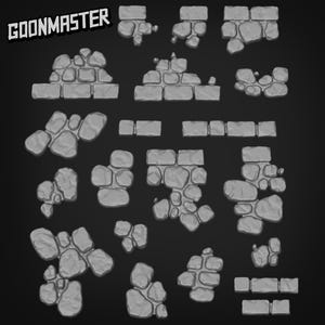 May include: A set of 18 gray stone wall and rock textures, perfect for game design or other creative projects.  The textures are in various shapes and sizes, and some have a rough, uneven surface.