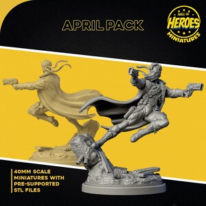 May include: A 3D printed miniature of a character in a futuristic setting, wearing a long coat and holding a gun. The miniature is 40mm in scale and comes with pre-supported STL files. The miniature is part of the Hall of Heroes Miniatures April Pack.