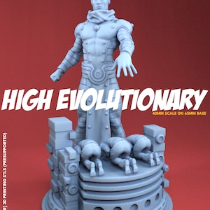 Puede incluir: Una miniatura impresa en 3D de High Evolutionary, un personaje de Marvel Comics, de pie sobre una base con tres figuras arrodilladas ante él. La miniatura tiene 40 mm de altura y está impresa en color gris claro. El texto "HIGH EVOLUTIONARY" está impreso en rojo y blanco en la base. El texto "40MM SCALE ON 65MM BASE" está impreso en blanco en la base. El texto "[GOLD TIER] 3D PRINTING STLS (PRESUPPORTED)" está impreso en blanco en el lado izquierdo de la base. El texto "FEBRUARY PATREON RELEASE" está impreso en blanco en la parte inferior de la base.