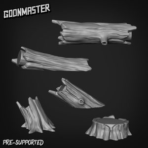 May include: Five 3D printed models of tree stumps and logs, designed for tabletop gaming. The models are pre-supported and ready to be printed.