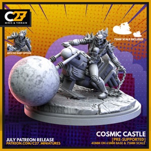 May include: A 3D printed miniature of a skeletal figure riding a motorcycle with a chained ball and a small figure in its arms. The miniature is printed in gray and is 40mm on a 65mm base. The miniature is part of the Cosmic Castle collection and is pre-supported. 75mm scale is included.
