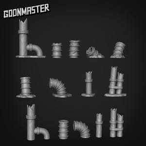 May include: A set of 12 gray 3D printed miniature pipes and barrels. The pipes are in various states of decay and some have a crown on top. The barrels are all broken and have a rough texture.