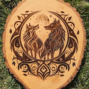 May include: A circular wooden plaque with a detailed wood-burned design. The design features two wolves facing each other under a full moon and a star, surrounded by decorative elements. The wood has a natural, light brown colour.