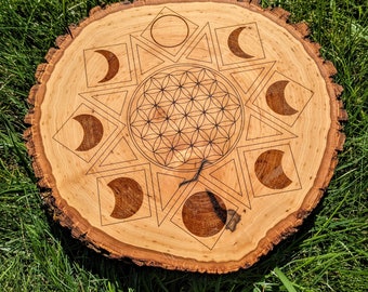 Crystal Grid Live Edge Wood Art - Mandala, Lunar Cycle, Celtic, Evil Eye, Astrology