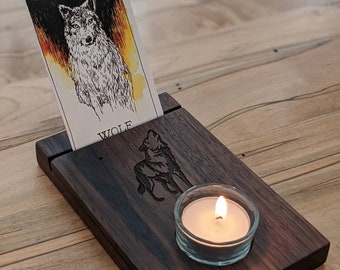 Walnut Wooden Tarot Card Holder Display with Animal Guide Spirit - engraved design card holder set with tea lights