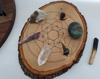 Crystal Shrine Sacred Geometry Altar - Live Edge Wood Oval Natural - Metatron&#39;s Cube, Seed of Life, Flower of Life, All Symbols