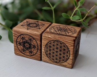 Géométrie sacrée Blocs de bois décoratifs, Paire - Cube de Métatron, Graine de Vie, Fleur de Vie + Plus