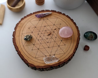 Crystal Grid Live Edge Wood Art - Metatron&#39;s Cube, Seed of Life, Flower of Life, and other Sacred Geometry
