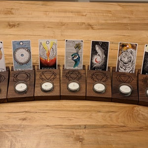 Tarot Card Holder Set – Engraved Sacred Geometry, Choose Your Wood, Altar Decor, Tea Light