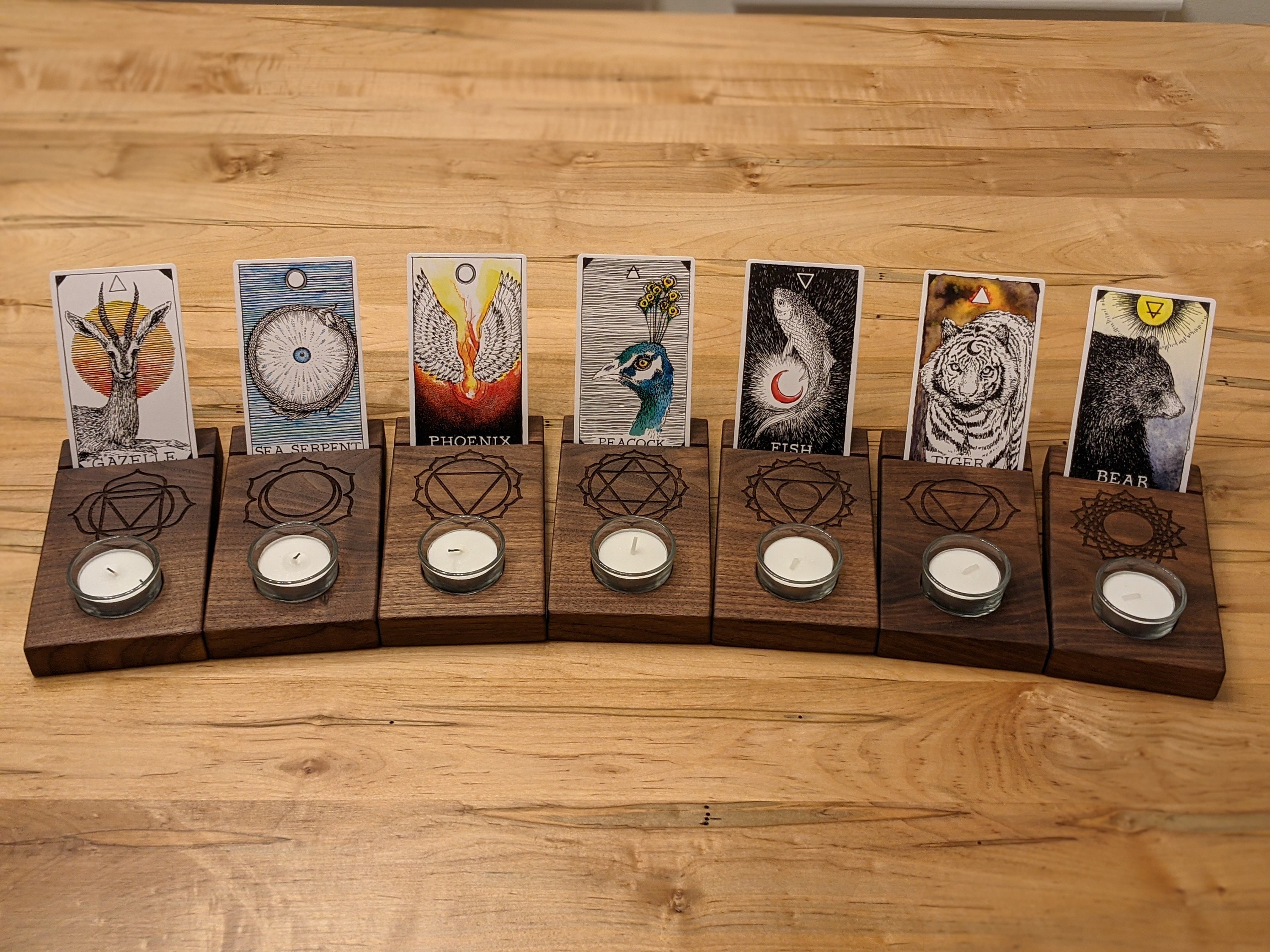 Walnut Wooden Tarot Card Holder Display Set with Sacred Geometry or Chakras - engraved design card holder set with tea lights