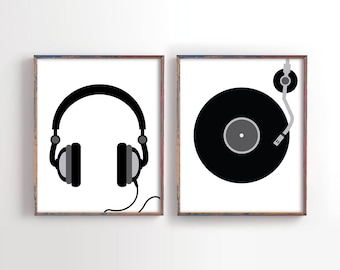 Musik-Druck, Kopfhörer Druck, Musik-Liebhaber-Geschenk, Plattenspieler, Record Player Wandkunst, Set von 2 Record Player Printables, Instant Download