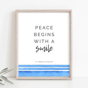 Mother Teresa Print, Peace Begins with a Smile, Mother Teresa Quote, Catholic Print, Mother Teresa Wall Art, Instant Download