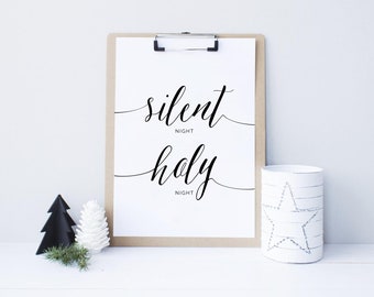 Silent Night Printable, Silent Night Holy Night Print, Christmas Printable Decor, Modern Holiday Art, Farmhouse Christmas, Instant Download