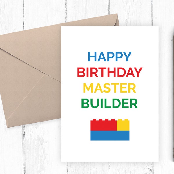 Boys Printable Birthday Card, Boys Birthday Card, Brick Building Card, Master Builder, INSTANT DOWNLOAD