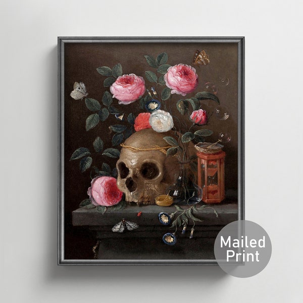 Vanitas 17th Century Skull Painting --- pink rose portrait, antique goth decor, dark academia skull art, bones anatomy print