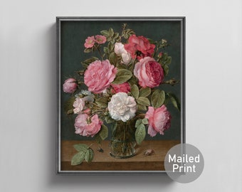 Roses in a Glass Vase 17th Century Floral Still Life --- antique french flower painting, summer rose art, romantic pink rose