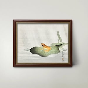Frog on a Lotus Leaf 1900s Japanese Painting --- vintage frog print, asian wall art, ohara koson wood block print, frog art