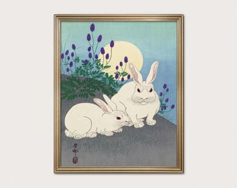 Ohara Koson Rabbits Under Moon Print: Vintage Japanese Woodblock Art