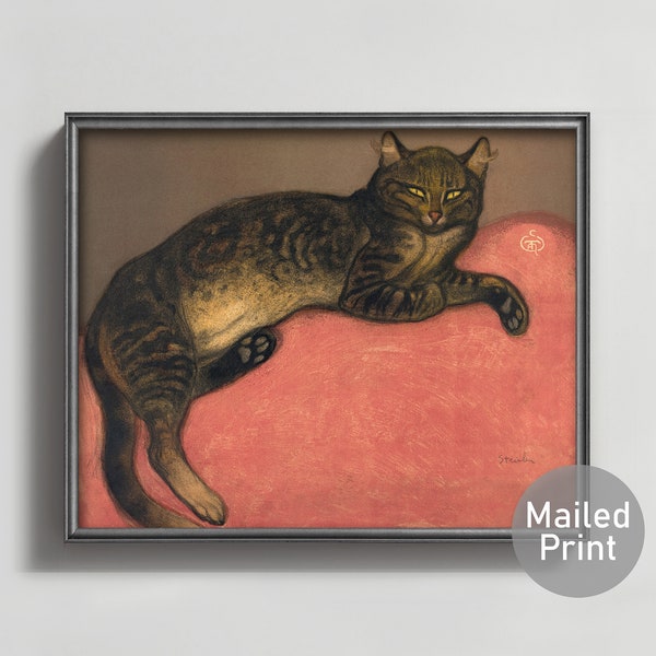 Cat on a Cushion 1900s Cat Painting -- french cat artwork, vintage boho decor cat art, antique cat print, comfy cat wall art
