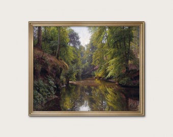 Realist River Landscape Art | Green and Brown Forest Landscape| Peder Mork Monsted, 1913 | Fine Art Print