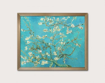 Van Gogh Almond Blossom Print: French Impressionist Landscape, Aqua Blue Sky