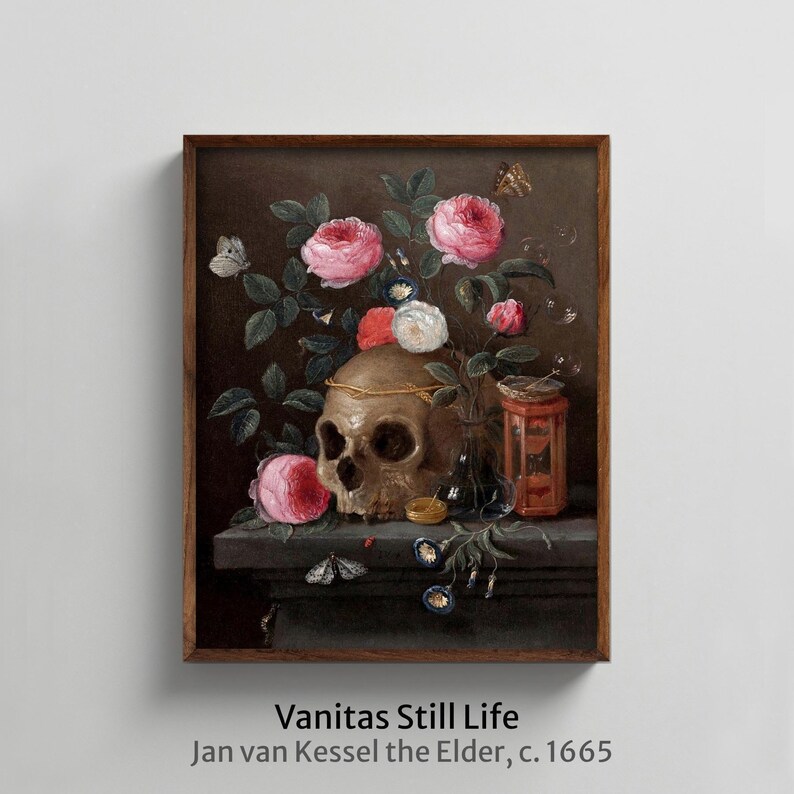 Vanitas Skull Painting Print: 17th Century Still Life, Dark Academia Decor imagem 4