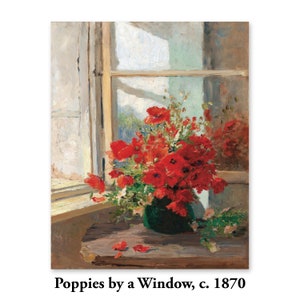 Poppies by a Window 1870s Poppy Painting red poppies, vase of flowers art, rustic window painting, botanical still life image 2