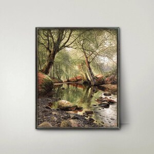 A Woodland Stream 1890s Forest Landscape Art --- forest tree landscape wall art, spring painting, river landscape print