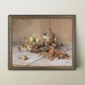 1890s Chianti Bottle and Fruit Still Life Painting --- antique wine decor casual elegance, dining room decor, kitchen print