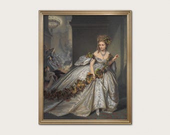 May include: A framed oil painting depicting a person in a voluminous, shimmering silver gown adorned with a long garland of autumn-colored leaves. The figure stands in a dimly lit interior with architectural columns and a chandelier.