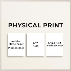 The image is a promotional graphic for a physical print service. It features three white sheets of paper with text and numbers, indicating different print sizes and prices.