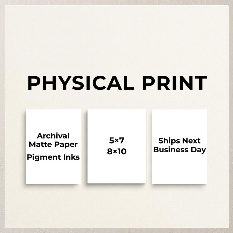 The image is a promotional graphic for a physical print service. It features three white sheets of paper with text and numbers, indicating different print sizes and prices.