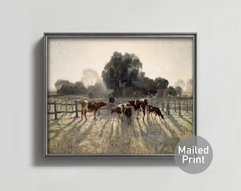 Spring Frost 1900s Dairy Farm Landscape Art --- early morning countryside art, neutral landscape print, vintage cow painting