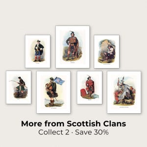 The image is a collage of seven vintage illustrations depicting various Scottish Clan members in traditional attire, arranged in a grid pattern.