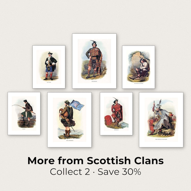 The image is a collage of seven vintage illustrations depicting various Scottish Clan members in traditional attire, arranged in a grid pattern.