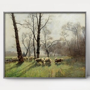 Shepherd with his Flock in Evening 1900s Pastural Landscape Art --- vintage sheep painting, rural country landscape print