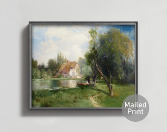 Near East Hampton 1890s Summer Landscape Art -- idyllic countryside print, thatched cottage art, lake landscape painting