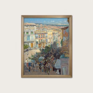 Provence Painting, South of France Art - Vintage Summer Landscape Print, Marketplace Village Art