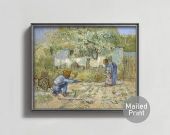 First Steps 1890s -- sunlit white cottage art, spring green trees, father daughter van gogh painting, french landscape print