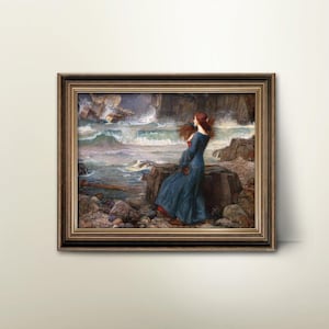 Miranda The Tempest 1900s John William Waterhouse -- elegant woman portrait, pre raphaelite romantic painting, shakespeare