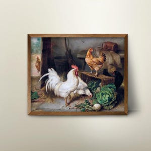 Rooster Painting Print, Curious Chickens Wall Art, Vintage Kitchen Farmhouse Art