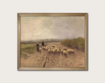 Sheep Art Print - Moody Shepards on Rustic Road, Vintage Dutch Landscape