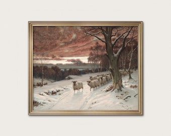 Vintage Sheep Print - Winter Sunset Landscape, Moody Farmhouse Art