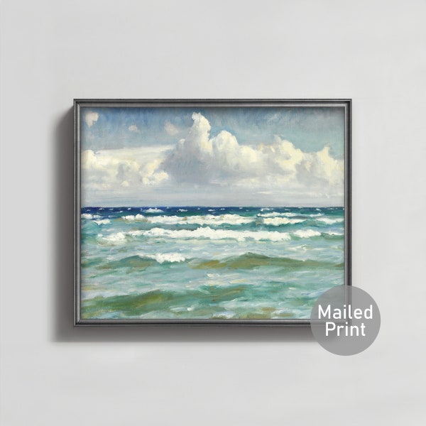 Breaking Waves 1920s Seascape --- vintage impressionist ocean painting white cloud print, sea green coastal art, ocean art