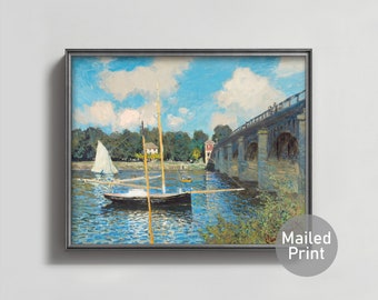 The Road Bridge 1870s Monet Print --- impressionist sailboat painting, river landscape art, nautical summer landscape art