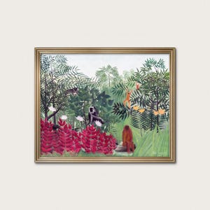 May include: A framed painting depicting a lush jungle scene with various monkeys, including a prominent orange primate, amidst dense green foliage, vibrant red plants, and white flowers. The artwork is enclosed in a metallic gold-toned frame.