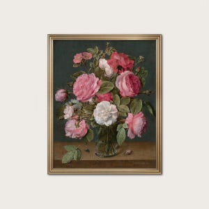 Pink Roses Art - Antique Still Life Oil Painting, Romantic Pink Rose Print