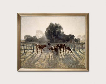 Dairy Farm Landscape Painting Print - Spring Frost in a Country Field, Muted Cow Artwork
